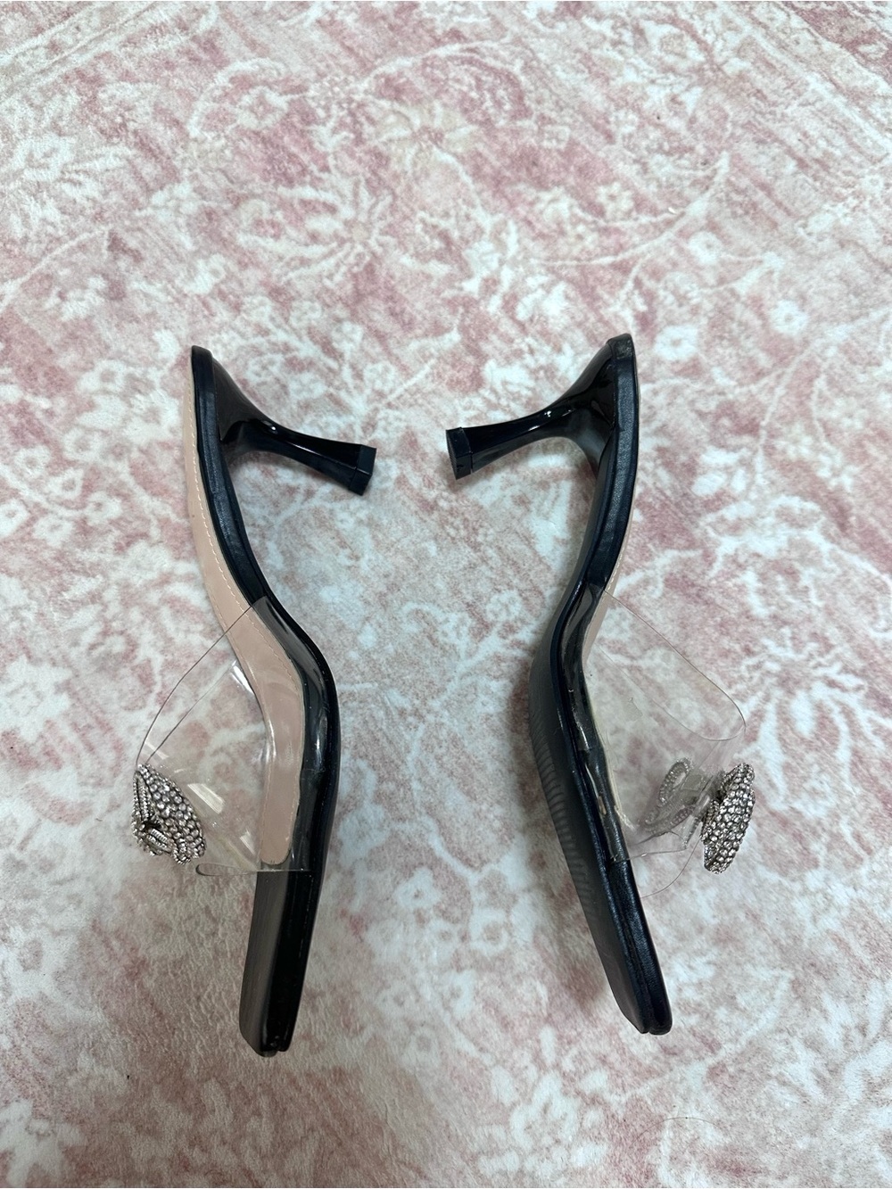NEW 🖤 Y2K Crystal Bow Clear Strap Slip On Heels - Picture 3 of 9